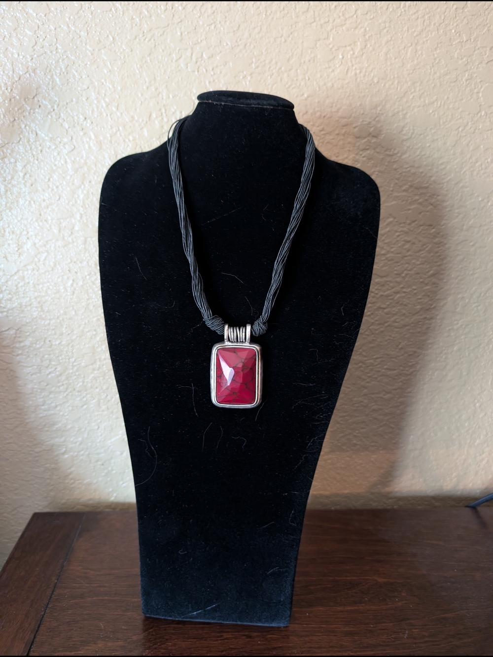 Coldwater Creek Bold Red Pendant Necklace with Black Cord